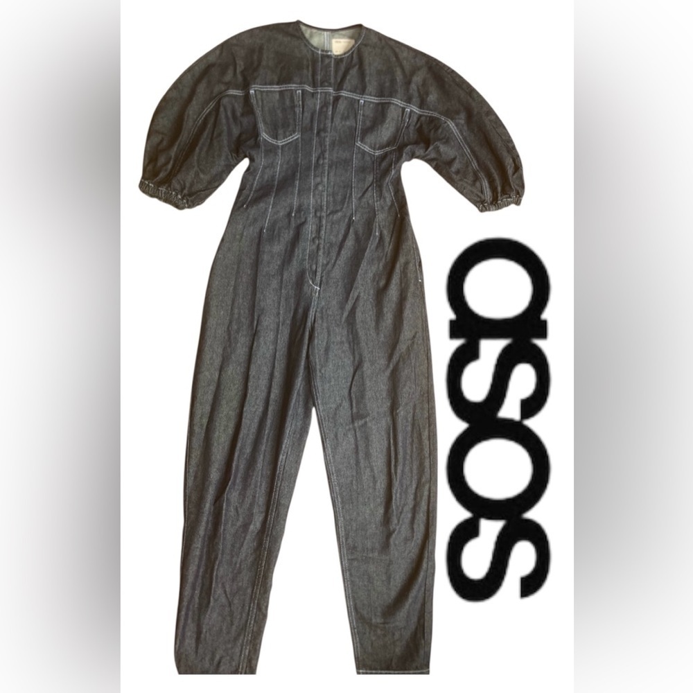 ASOS Denim Jumpsuit Women’s Size US 6 UK 10 Blue Balloon Sleeve Tapered Waist‎